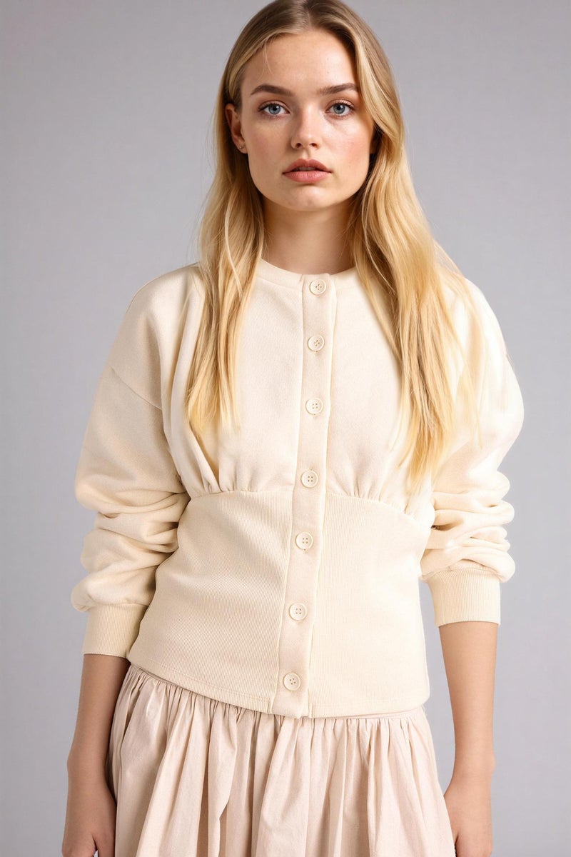 DeFacto Beige Woman Slim Fit Crew Neck Thick Sweatshirt Fabric Cardigan Casual - Image 3